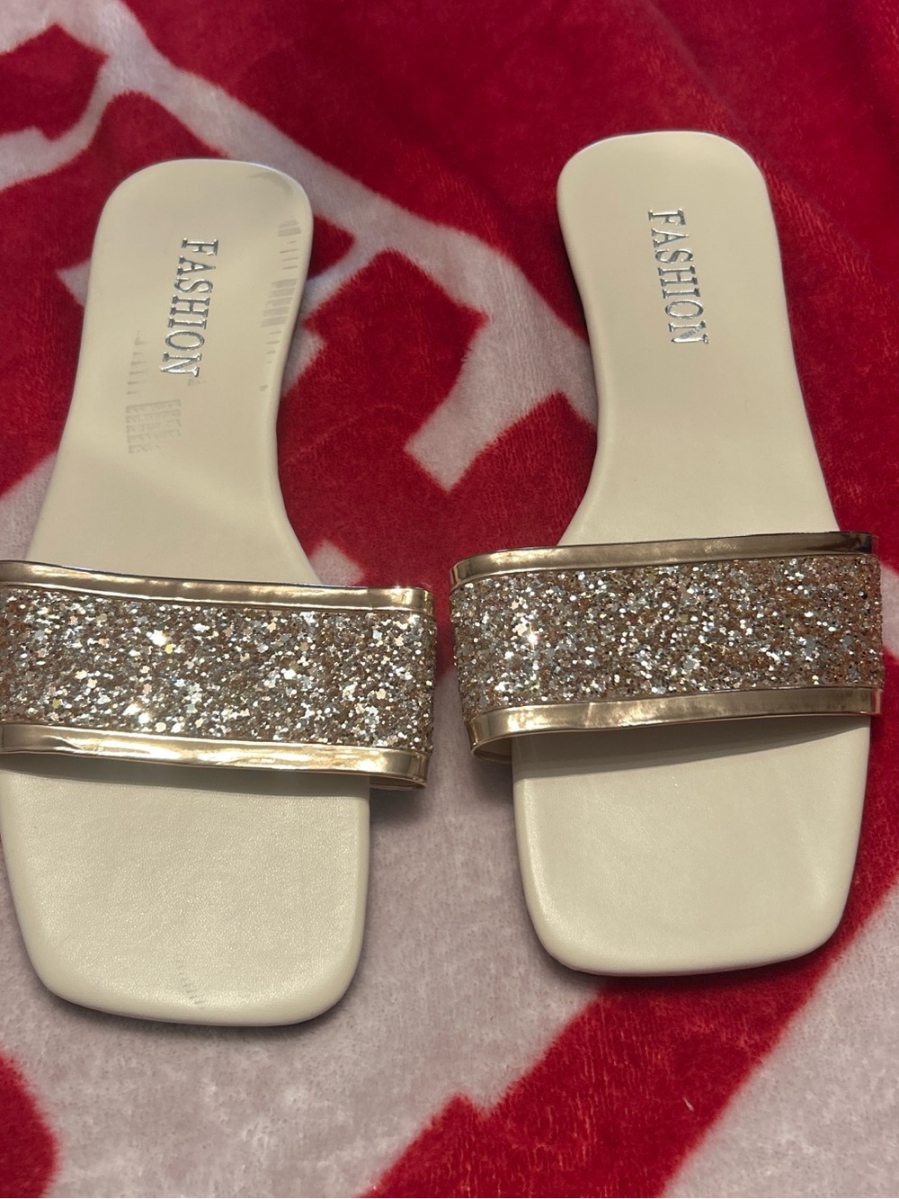 Fashion Nova White Slides with Gold Glitter Strap